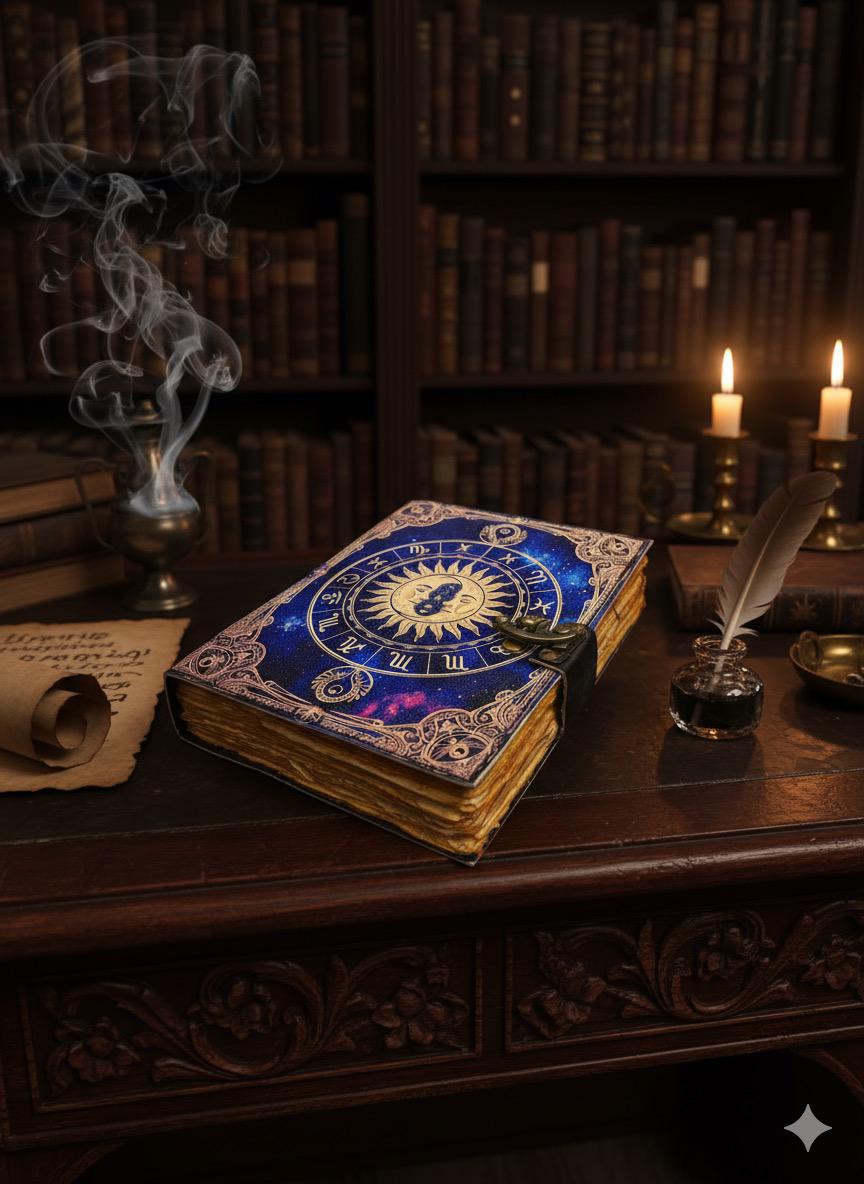 Handmade Leather Zodiac Journal: Sun & Moon Embossed Spell Book