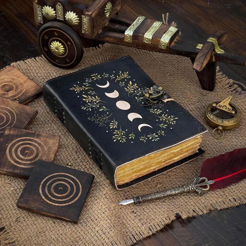 Moon Phase Leather Journal: Handmade Grimoire, Book of Shadows