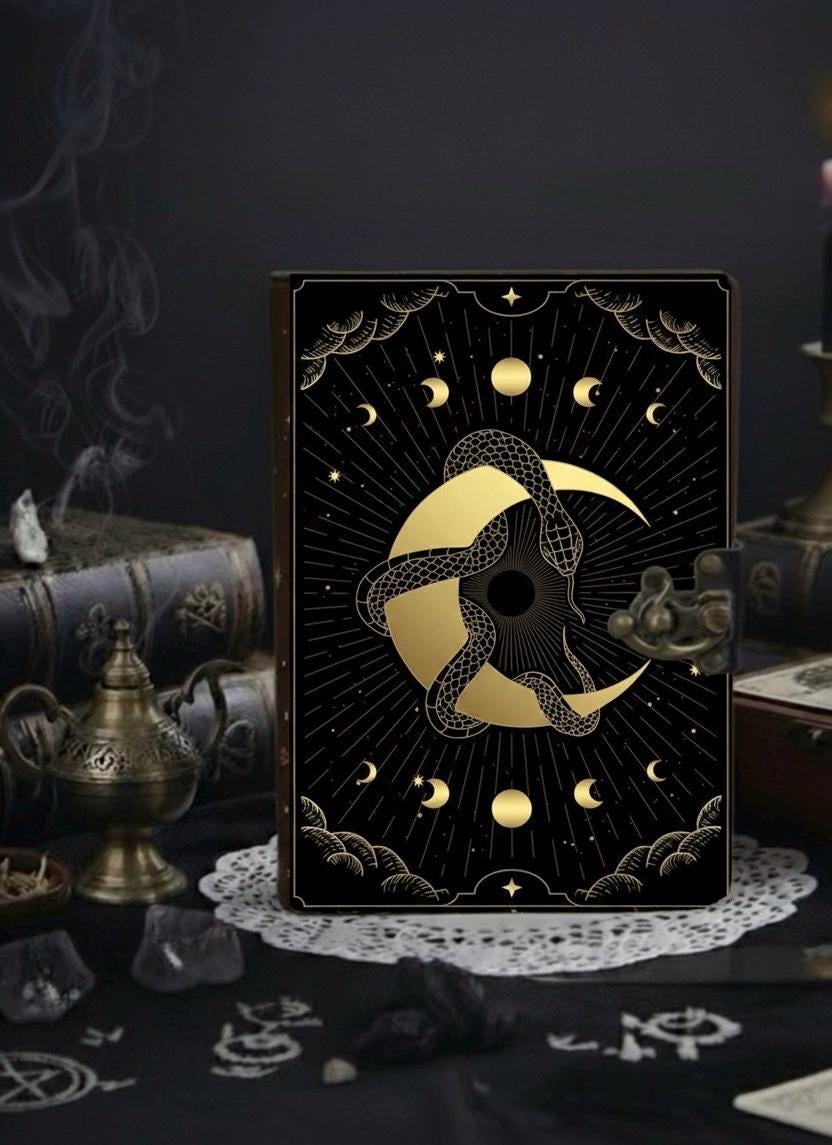 200 Page Black Magic Snake leather journal | Moon Phase Witch Grimoire | Handmade Spell Book with Lock | Deckle Edge Paper | Halloween Gift
