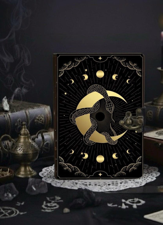 200 Page Black Magic Snake leather journal | Moon Phase Witch Grimoire | Handmade Spell Book with Lock | Deckle Edge Paper | Halloween Gift