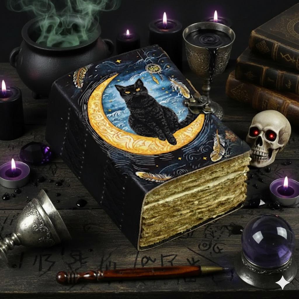 400 Page Large Leather Grimoire Journal: Cat Print Book of Shadows Magic Leather Journal, Spell book Magic Cat  Journal Halloween Gifts