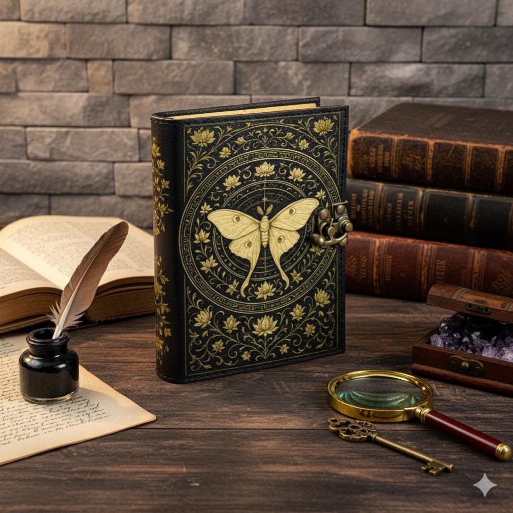 Luna Moth Grimoire – Handmade Spell Book with Lock | Personalized Wiccan Leather Journal with Deckle Pages | Witchy Gift
