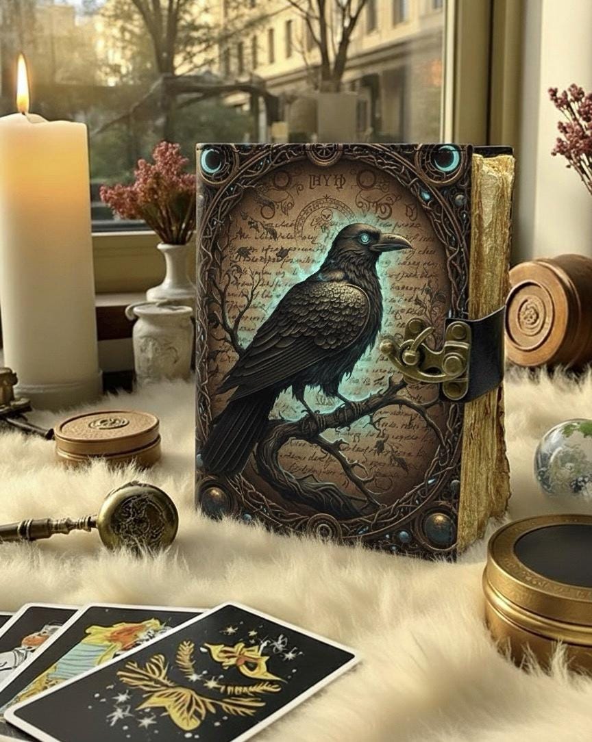Raven Grimoire Vintage leather journal, Raven Leather Journal, Blank spell book of shadows Halloween Gifts For Him Her