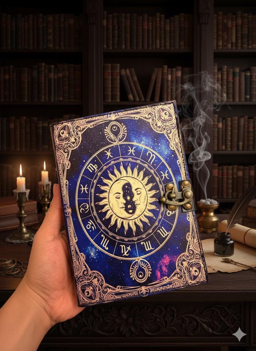Handmade Leather Zodiac Journal: Sun & Moon Embossed Spell Book