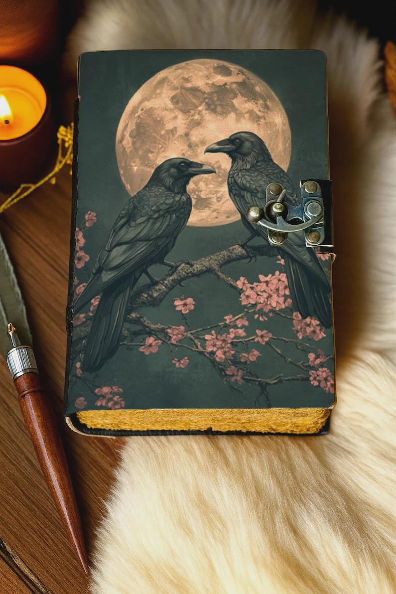 Raven Grimoire Vintage leather journal, Raven Leather Journal, Blank spell book of shadows Halloween Gifts For Him Her