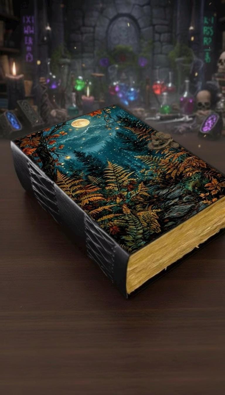 400 Page Grimoire Vintage leather journal, Moon Phase Handmade Fat Journal, Blank spell book of shadows Celestial Gifts For Him Her