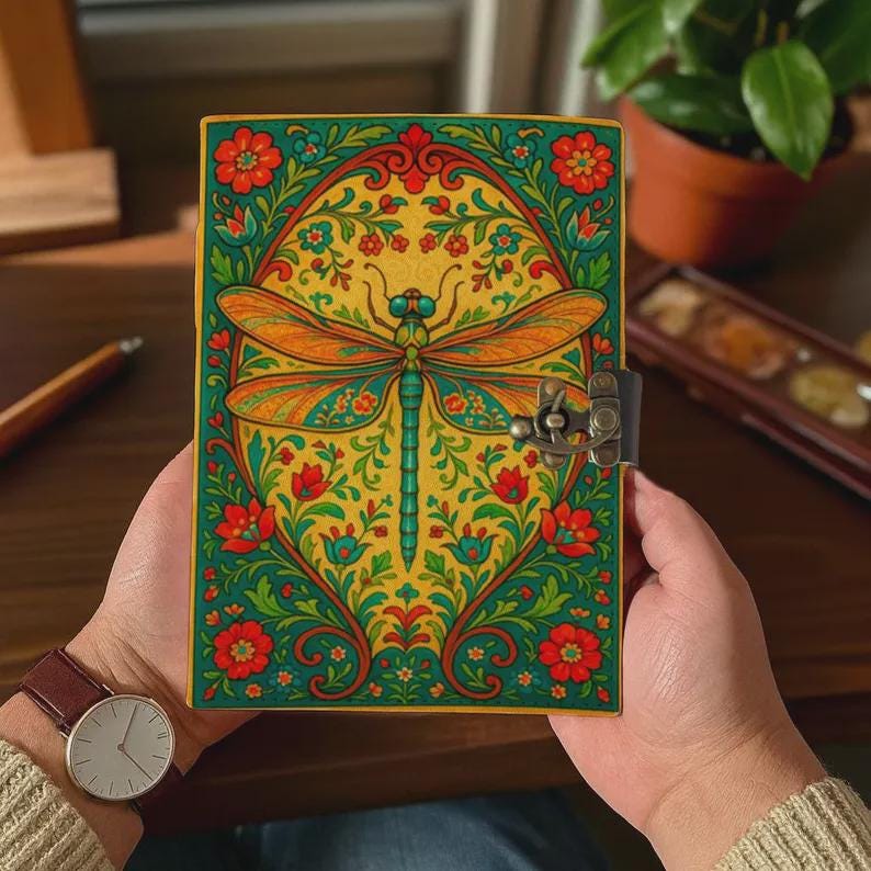 Dragonfly Leather Journal with Lock Handmade Vintage Writing Notebook Floral Diary, Sketchbook, Gift for Writers & Artists