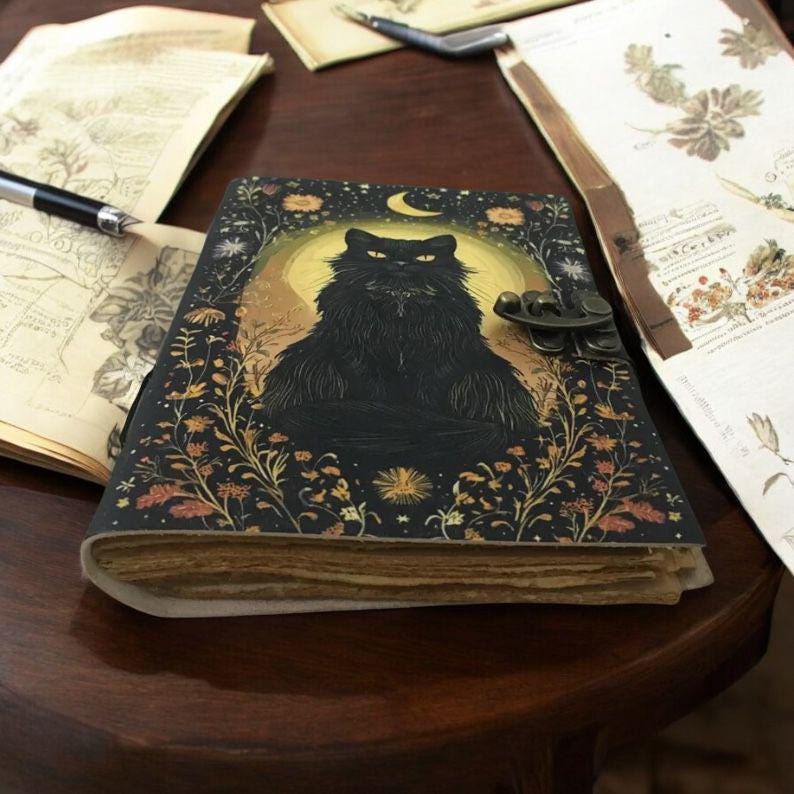 Leather Spell Book of Shadows: Cat Journal Celestial Cat Spellbook