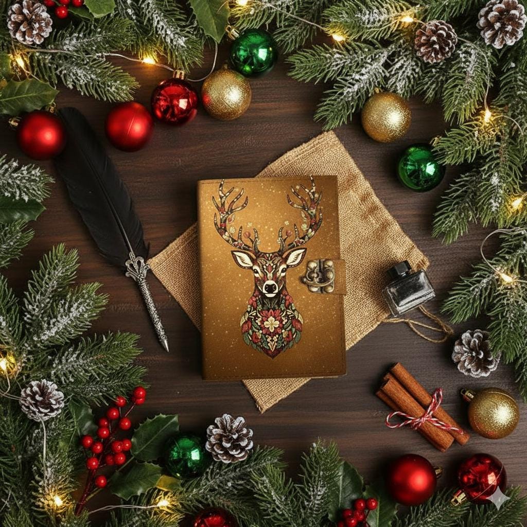 Deer Vintage Magical leather Journal Grimoire Witchcraft Blank spell book of shadows Christmas Celestial Gifts