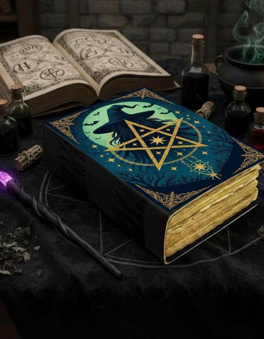 400 Page Large Handmade Black Leather Green Pentagram Journal: Wiccan Grimoire with Gemstone Book of Shadows Witchcraft Journal and Notebook