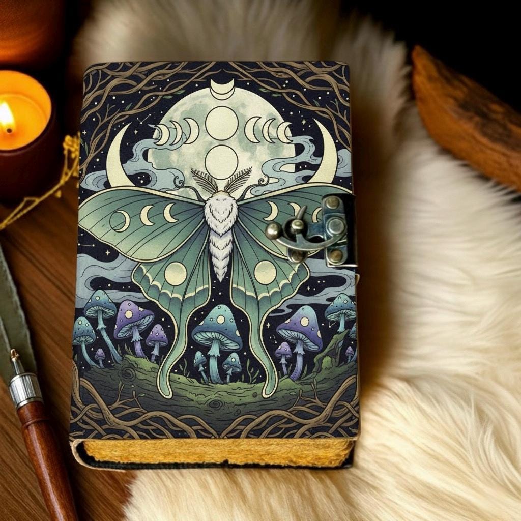 Luna Moth Leather Journal Gothic Grimoire Book of Shadows Vintage Luna Mushroom Spell book Witchcraft Journal Moon Phase gifts for Christmas