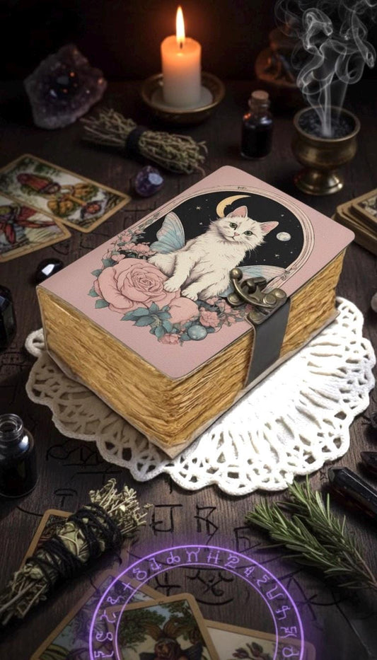 400 Page Cat Grimoire Journal – Blank Book of Shadows | Leather Spell Book of Wisdom | Handmade Witchy Sketchbook Moon Magic Tarot Notebook