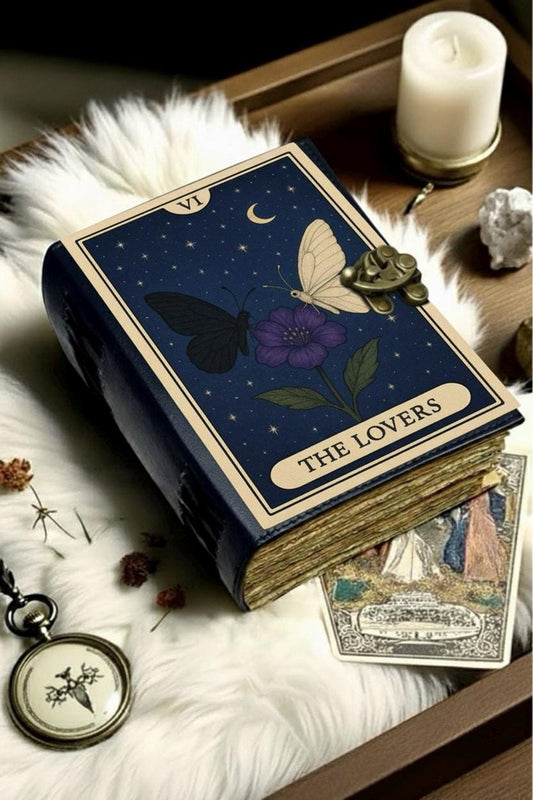 Grimoire Vintage leather journal, The Lovers Handmade Fat Journal, Blank spell book of shadows Celestial Lover Gifts For Him Her
