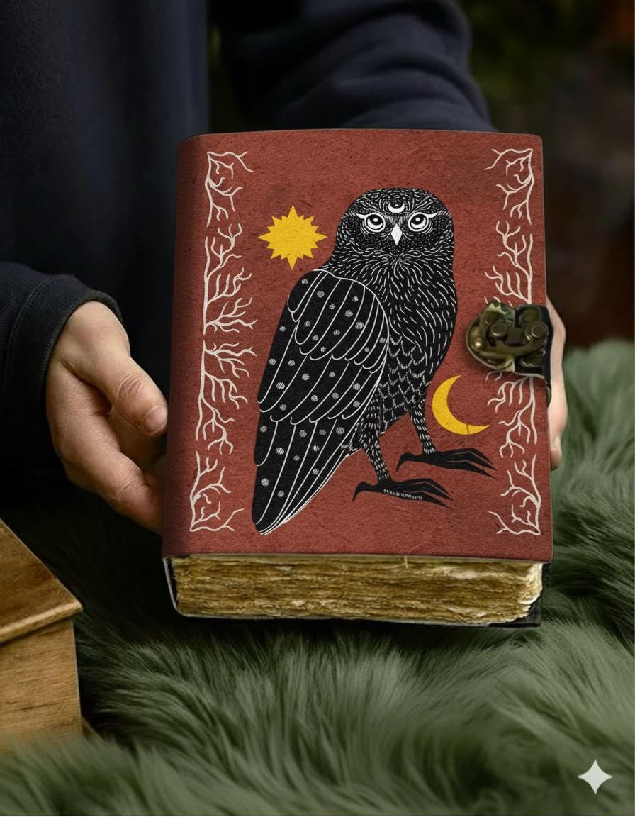 Grimoire Owl Leather Journal – Spell Book of Shadows | Leather Spell Book of Wisdom | Witchy Sketchbook Moon Magic Tarot Notebook