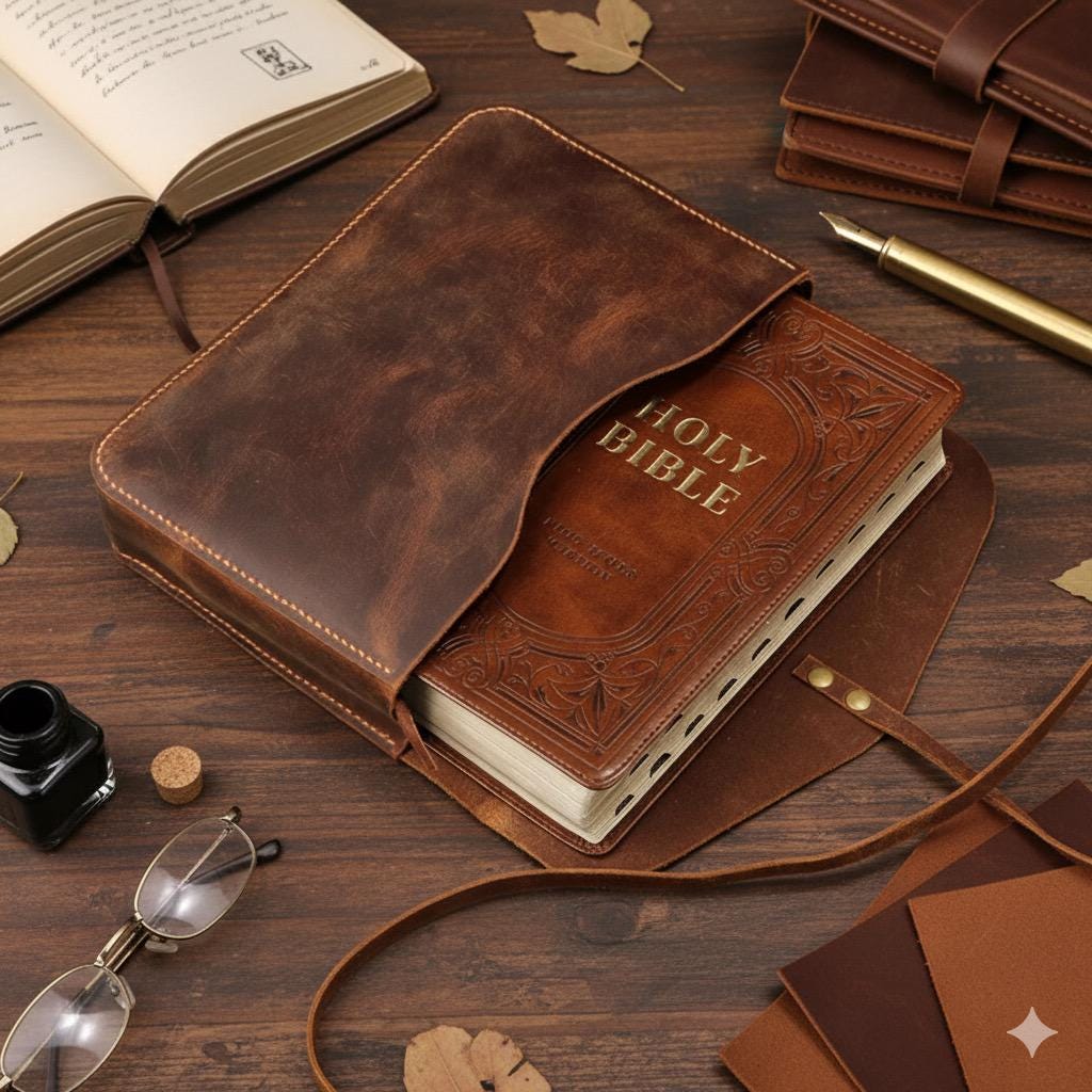 Custom Leather Bible Cover | Personalized Handmade Christian Gift | Engraved Name or Verse | Full-Grain Leather Case | Spiritual Cover