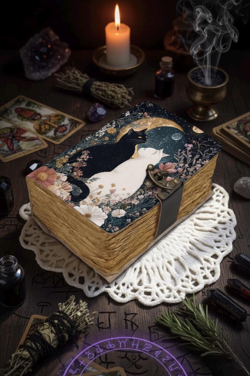 Grimoire leather journal, Print Cat Journal, Blank spell book book of shadows Leather Celestial Gifts For Him Her