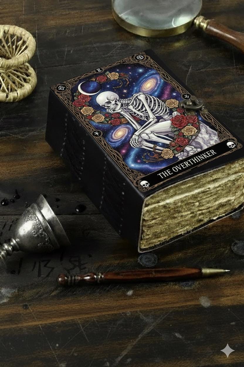 Overthinker Grimoire Leather Journal -Gothic Tarot Notebook -Blank Spell Book of shadows Handmade Sketchbook 200–400 Pages | Witchy Journal