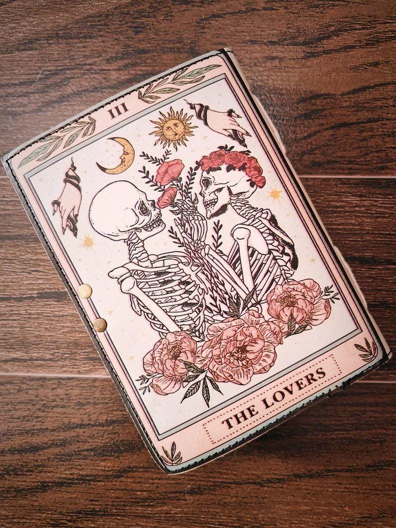 The Lovers Tarot Notebook Leather Gothic Book of Spells Grimoire Printed Journal Notebook Skull lover Antique Journals gifts for men - women