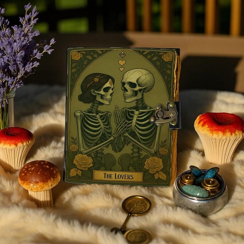 Grimoire leather journal, The Skull Lovers Handmade Fat Journal, Blank spell book of shadows Celestial Lover Gifts For Him Her