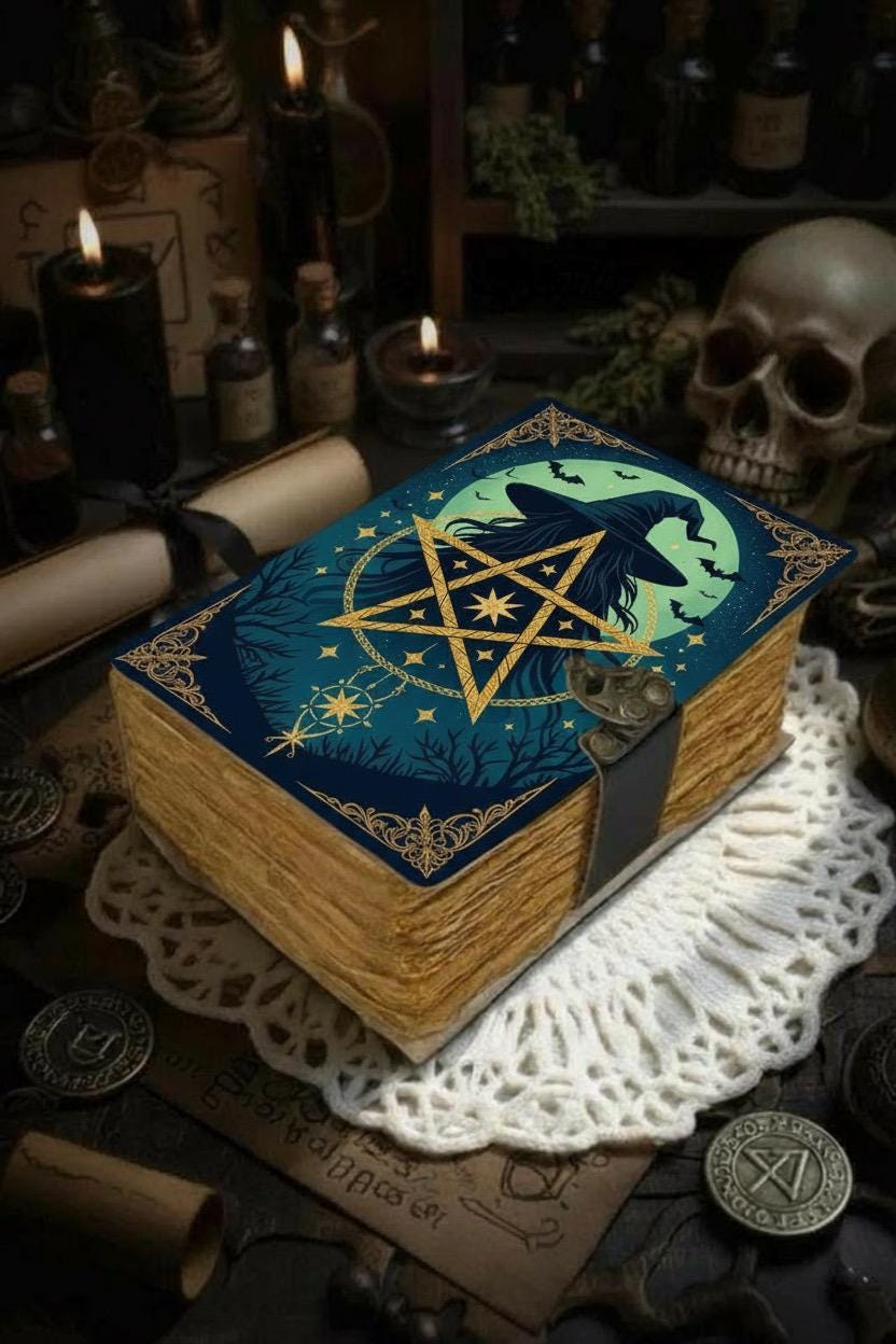 400 Page Large Handmade Black Leather Green Pentagram Journal: Wiccan Grimoire with Gemstone Book of Shadows Witchcraft Journal and Notebook