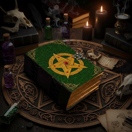 400 Page Large Handmade Black Leather Green Pentagram Journal: Wiccan Grimoire with Gemstone Book of Shadows Witchcraft Journal and Notebook