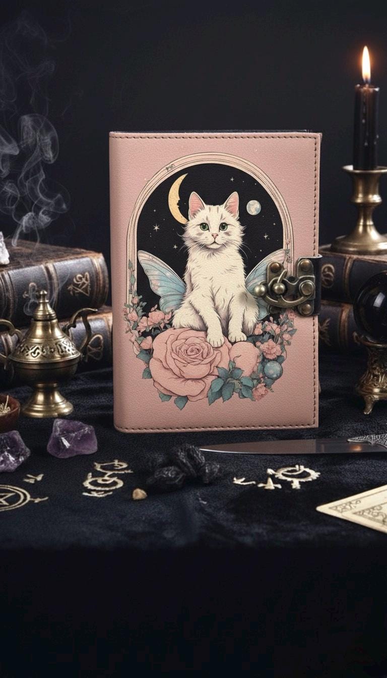 400 Page Cat Grimoire Journal – Blank Book of Shadows | Leather Spell Book of Wisdom | Handmade Witchy Sketchbook Moon Magic Tarot Notebook