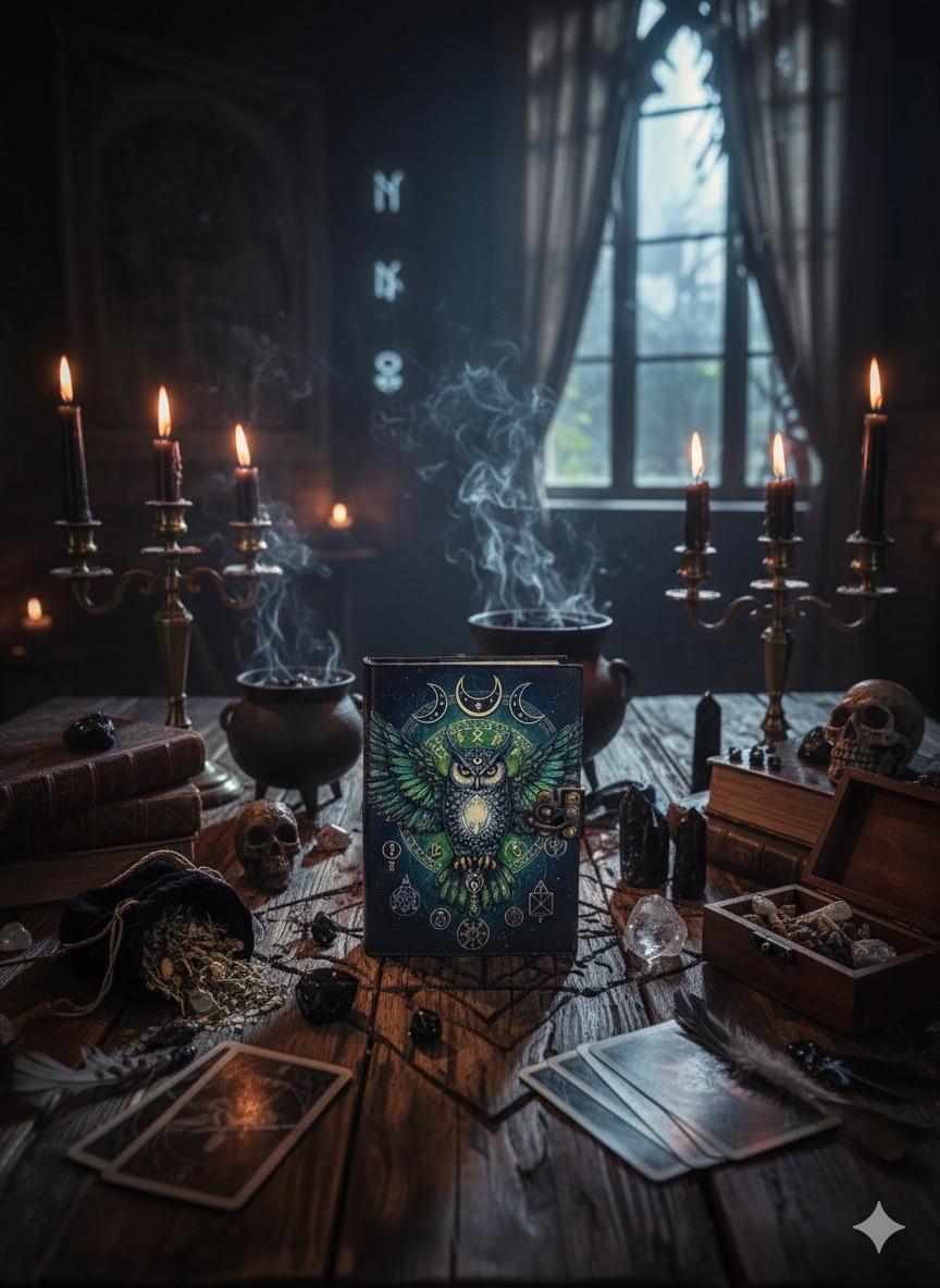 Owl Grimoire Leather Journal: Gothic Blank Book of Shadows