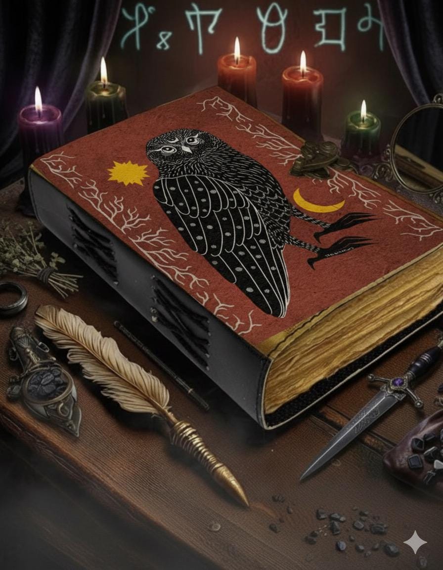 Grimoire Owl Leather Journal – Spell Book of Shadows | Leather Spell Book of Wisdom | Witchy Sketchbook Moon Magic Tarot Notebook