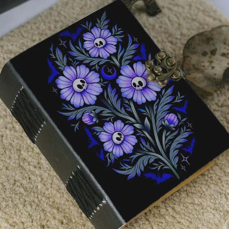 Purple Skull Flower Leather Journal Handmade Gothic Grimoire Notebook Dark Floral Witchy Book of Shadows, Vintage Occult Writing Diary Gift