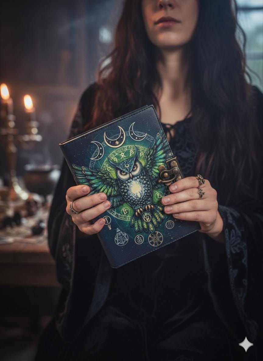 Owl Grimoire Leather Journal: Gothic Blank Book of Shadows