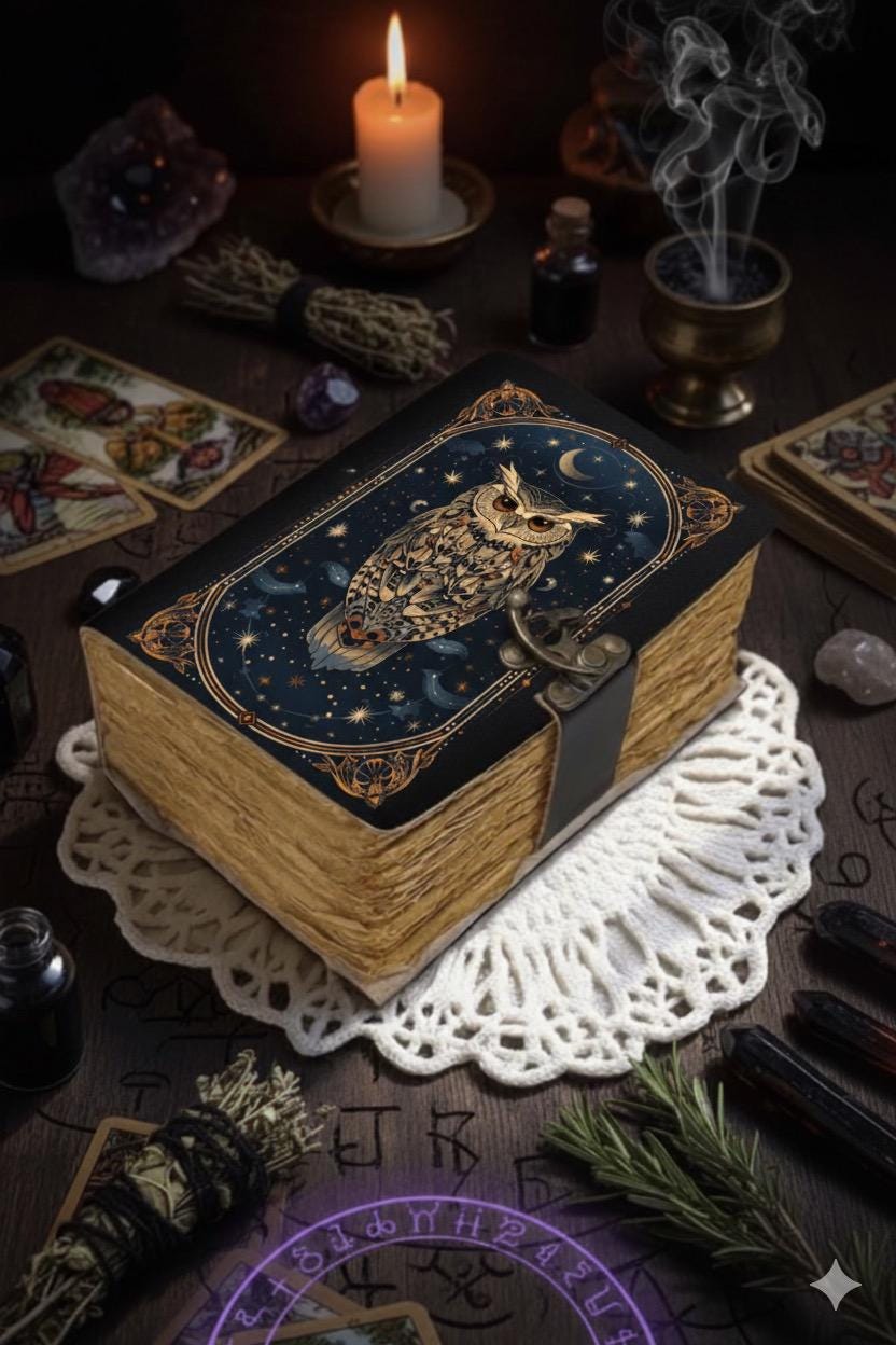 200 Page Owl Grimoire Journal – Blank Book of Shadows | Leather Spell Book of Wisdom | Handmade Witchy Sketchbook Moon Magic Tarot Notebook