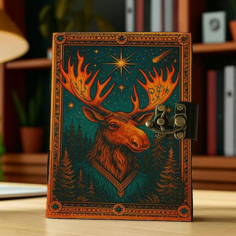 Moose/Deer Grimoire Vintage leather journal, Deer Leather Journal, Blank spell book of shadows Halloween Gifts For Him Her