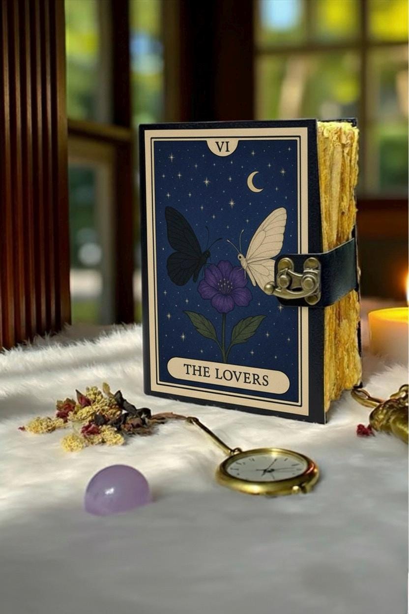 Grimoire Vintage leather journal, The Lovers Handmade Fat Journal, Blank spell book of shadows Celestial Lover Gifts For Him Her