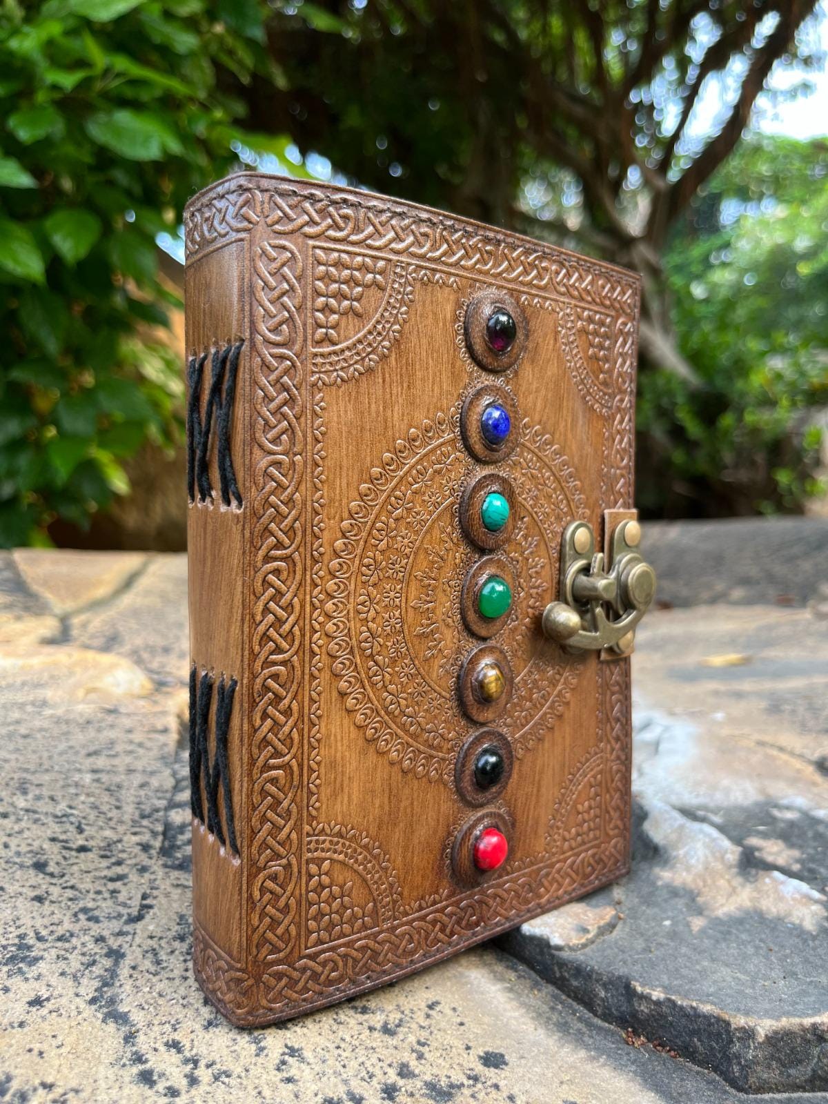 Handmade Leather Journal: Seven Stone Book of Shadows with Lock