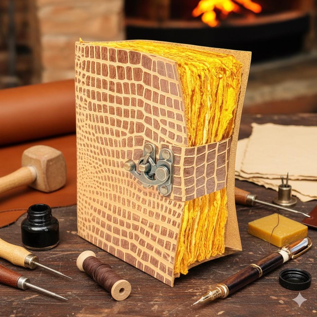 Crocodile Design leather Journal - Blank spell Book of shadows, Grimoire Journal, Travel Writing Notebook, Antique Deckle Paper Lock Closure