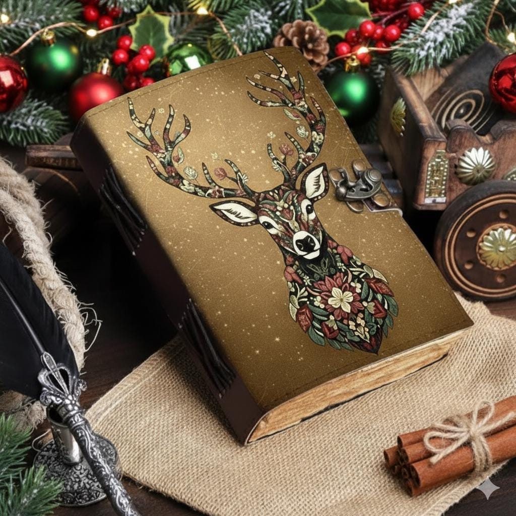 Deer Vintage Magical leather Journal Grimoire Witchcraft Blank spell book of shadows Christmas Celestial Gifts