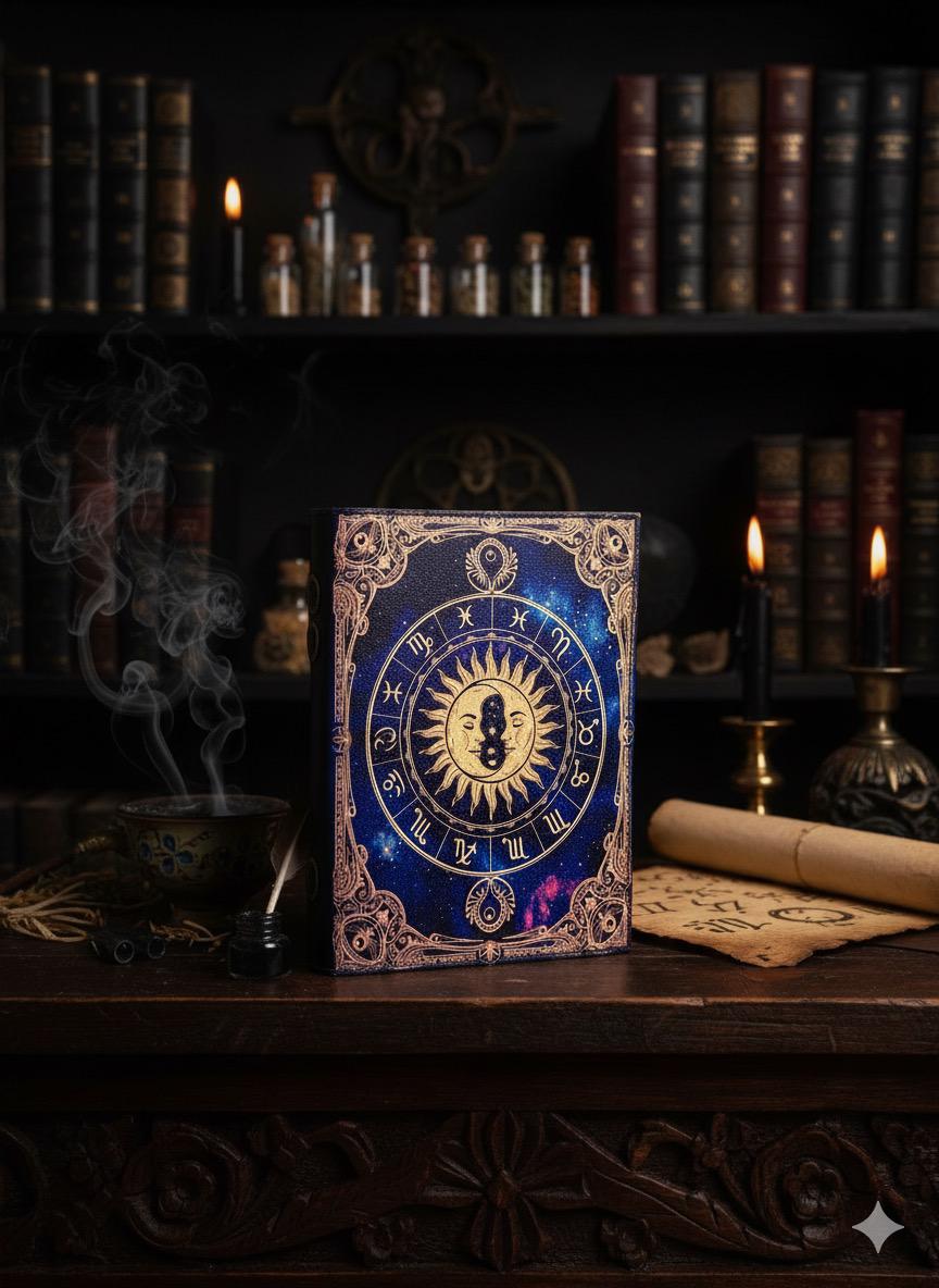 Handmade Leather Zodiac Journal: Sun & Moon Embossed Spell Book
