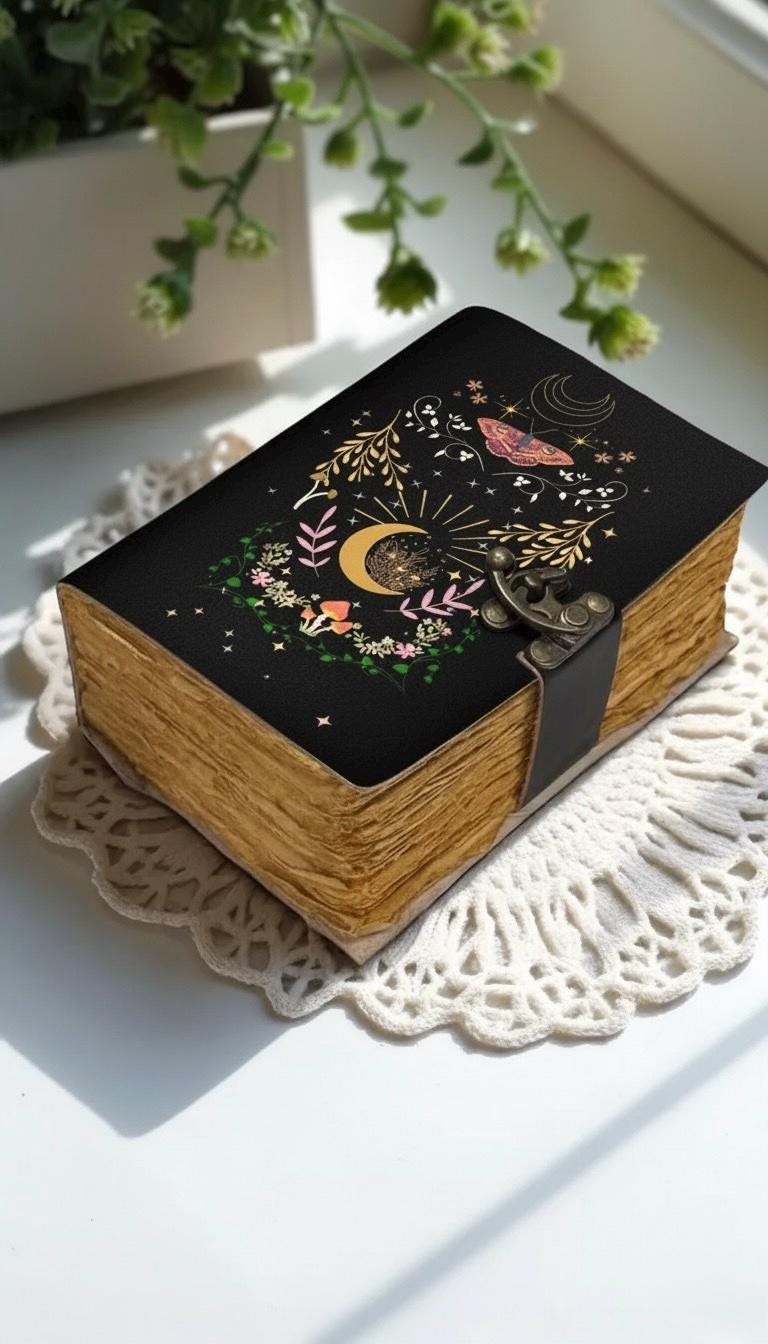 Floral Luna Moth Journal – Celestial Leather Grimoire | Handmade Book of Shadows | Witchy Mushroom Journal | Moon Phase Spell Diary