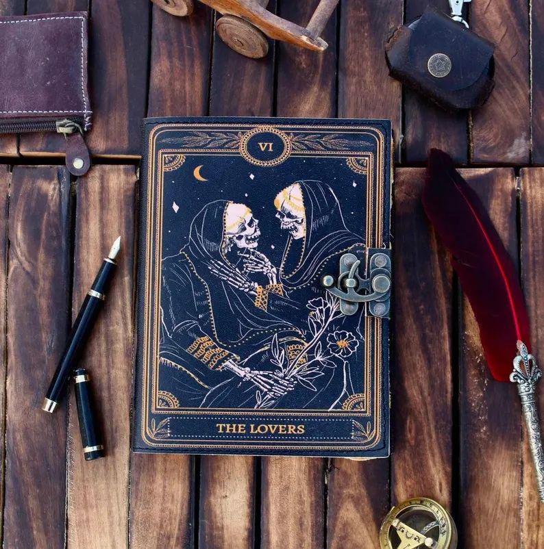 The Lovers Tarot Notebook Leather Gothic Book of Spells Grimoire Printed Journal Notebook Skull lover Antique Journals gifts for men - women