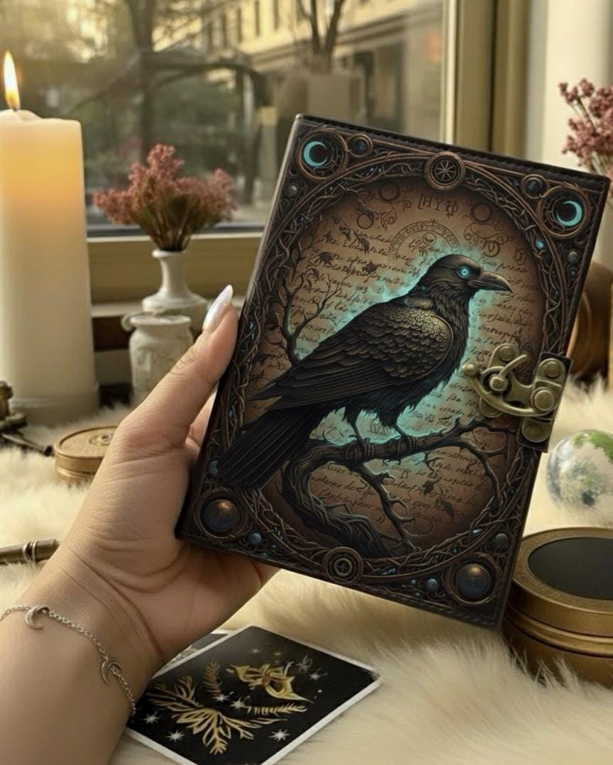 Raven Grimoire Vintage leather journal, Raven Leather Journal, Blank spell book of shadows Halloween Gifts For Him Her