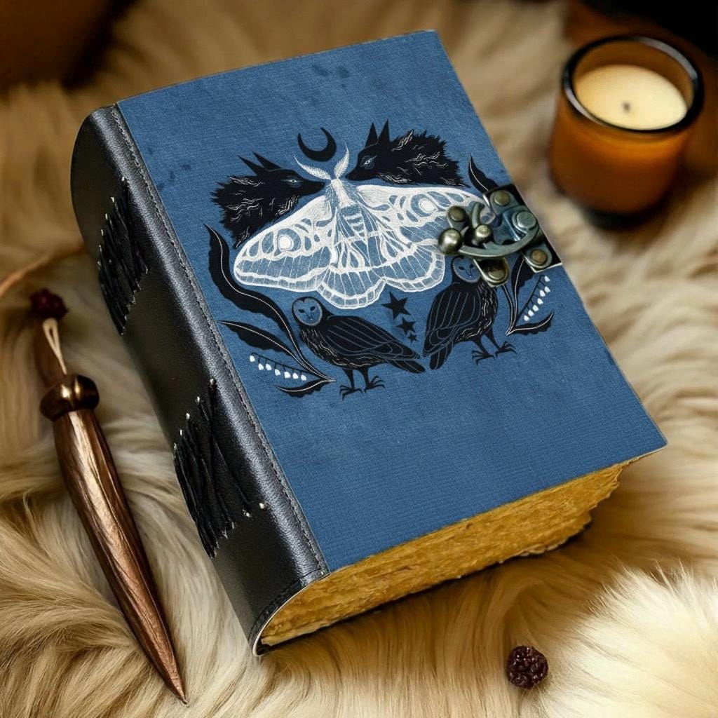 Luna Moth Grimoire Leather Journal - Owl Book of Shadows Notebook -Blank Spell Book Fox Handmade Sketchbook | Witchy Journal
