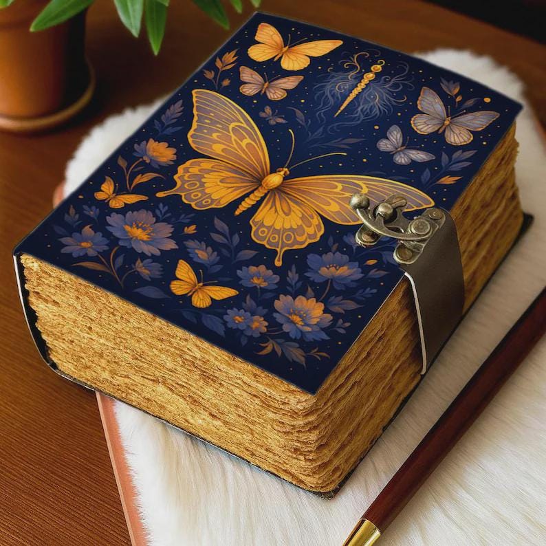 Luna Moth Grimoire – Handmade Spell Book with Lock | Personalized Wiccan Leather Journal with Deckle Pages | Witchy Gift