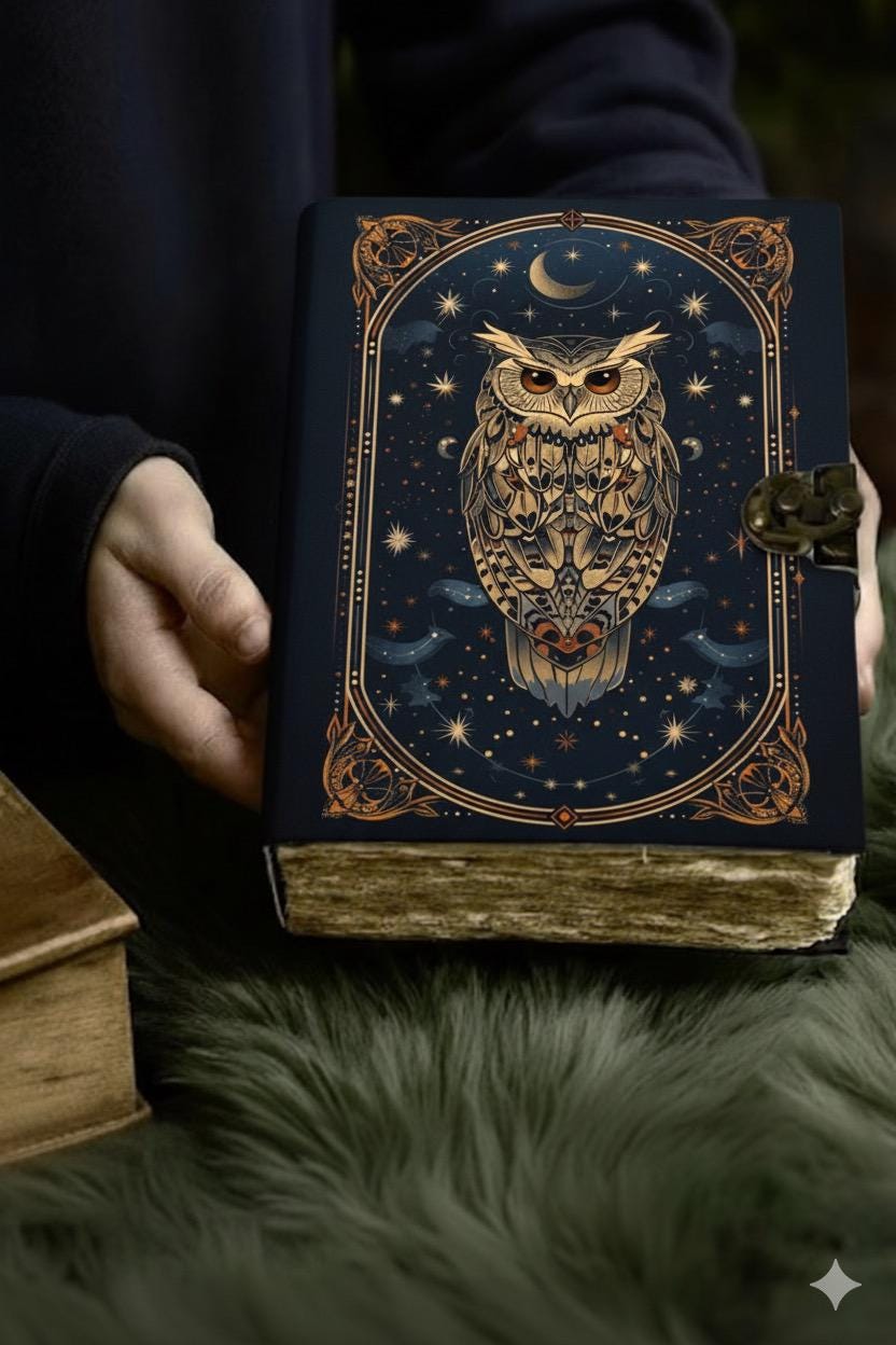200 Page Owl Grimoire Journal – Blank Book of Shadows | Leather Spell Book of Wisdom | Handmade Witchy Sketchbook Moon Magic Tarot Notebook