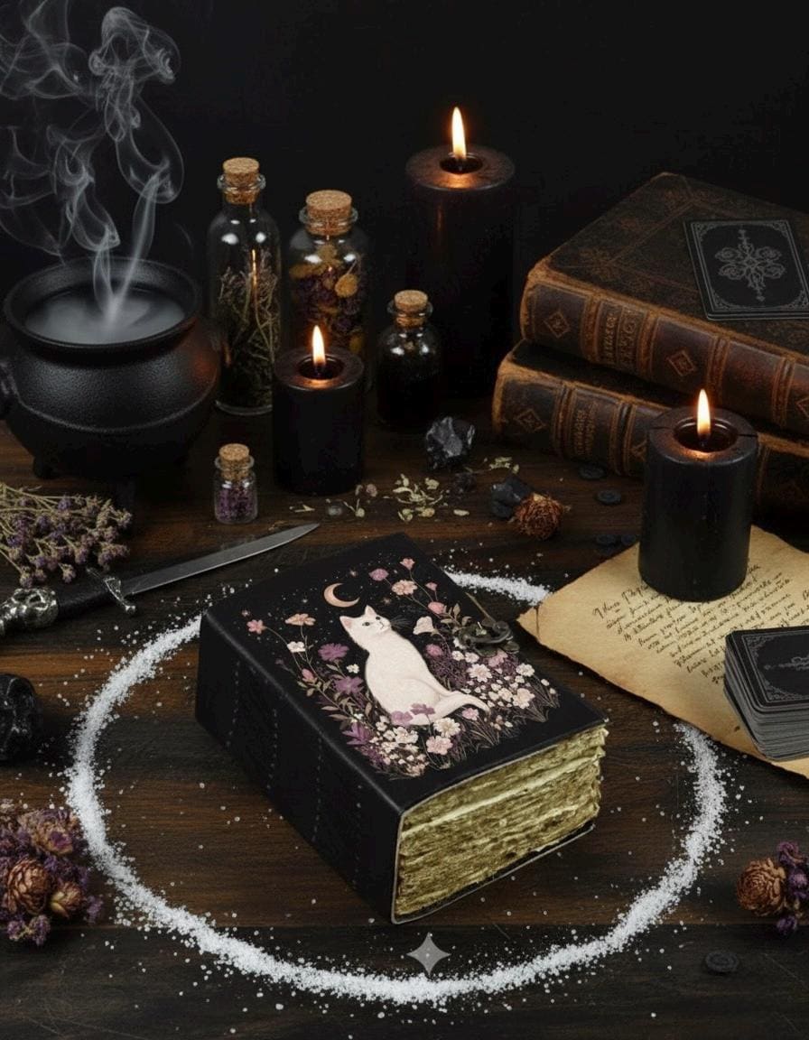 400 Page Large Leather Grimoire Journal: Cat Print Book of Shadows Magic Leather Journal, Spell book Magic Cat  Journal Halloween Gifts