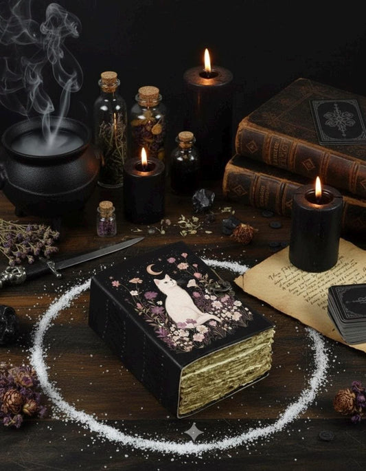 400 Page Large Leather Grimoire Journal: Cat Print Book of Shadows Magic Leather Journal, Spell book Magic Cat  Journal Halloween Gifts