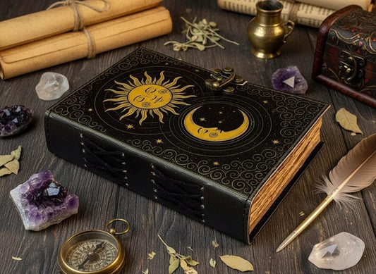 Sun Moon Grimoire Vintage leather journal, Moon Leather Journal, Blank spell book of shadows Halloween Gifts For Him Her