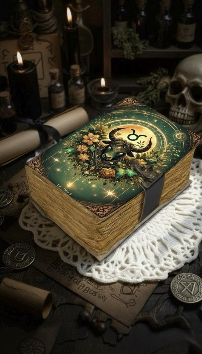 400 Page Large Taurus Grimoire Vintage leather journal, Zodiac Leather Journal, Blank spell book of shadows Birthday Gifts For Him Her