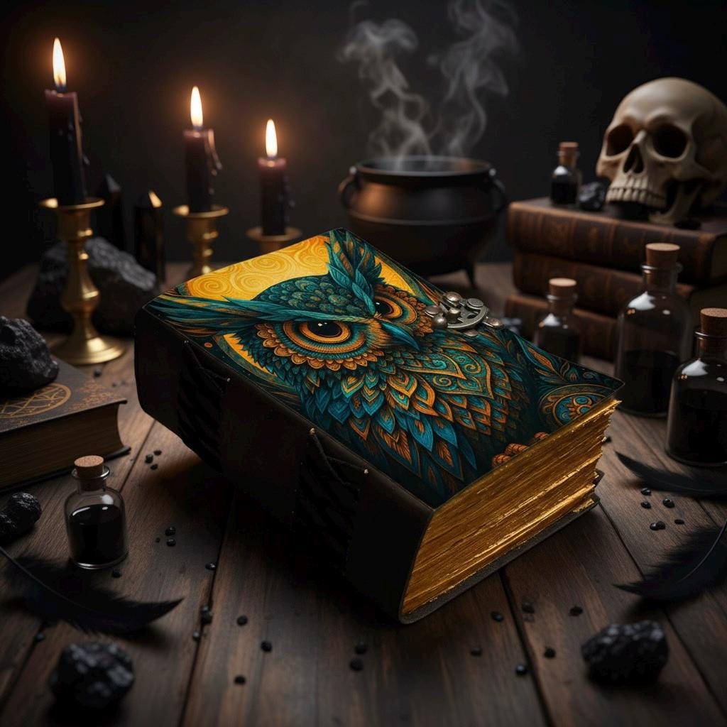 200 Page Owl Grimoire Journal – Blank Book of Shadows | Leather Spell Book of Wisdom | Handmade Witchy Sketchbook Moon Magic Tarot Notebook