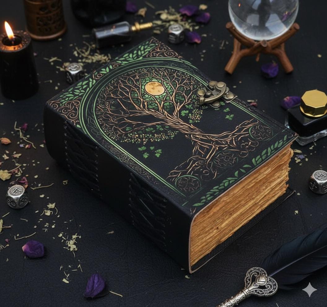 Tree of Life Grimoire – Leather Book of Shadows with Moon Phases | Handmade Witchcraft Spell Book | Celestial Journal for Gifts
