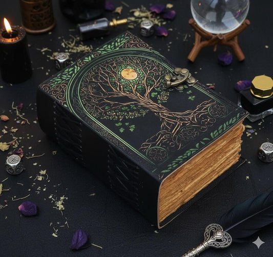 Tree of Life Grimoire – Leather Book of Shadows with Moon Phases | Handmade Witchcraft Spell Book | Celestial Journal for Gifts